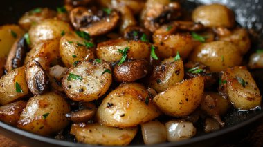 Kızartma tavasında patates ve baharat.