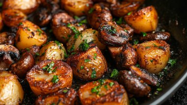 Dökme demir tavada pişmiş sarımsak.