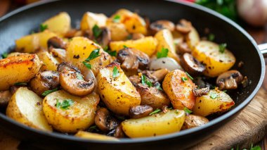 Mantarlı ve otlu kızarmış patates.