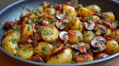 Domuz pastırmalı ve otlu kızarmış patates.