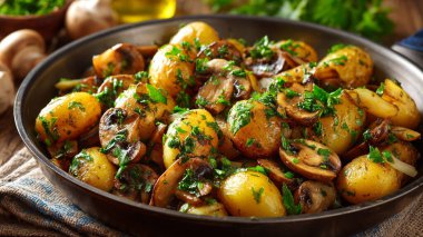 Tavada patates ve otlu kızarmış mantar..