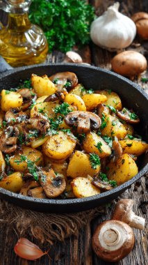 Kızarmış patates, mantar, soğan, maydanoz ve biberiye. Demir kızartma tavası. rustik biçim.