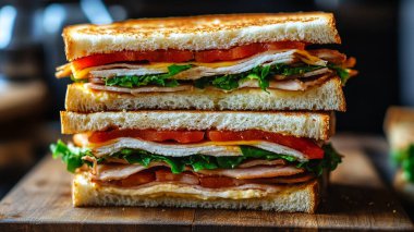 Taze ev yapımı sandviç, tavuk göğsü, marul, domates ve peynir.