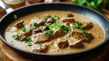 Geleneksel Brezilya et yahnisi kasede ahşap arka planda.