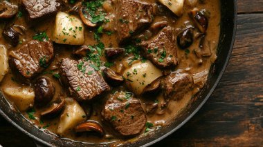 Geleneksel İtalyan güveci. Biberiye ve maydanozla birlikte mantarlı ve peynirli sığır güveci.