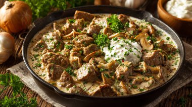 Kâsede ekşi krema soslu ev yapımı biftek stroganesi.
