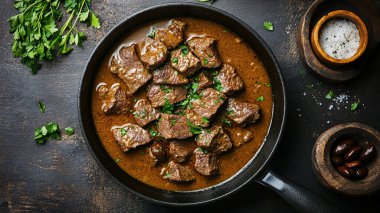 Patates ve otlu sığır güveci. Geleneksel Brezilya yemeği.