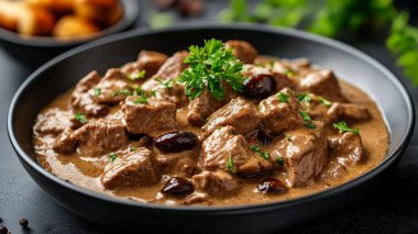 Mantarlı sığır güveci ve koyu arkaplanda seramik bir tabakta otlar.