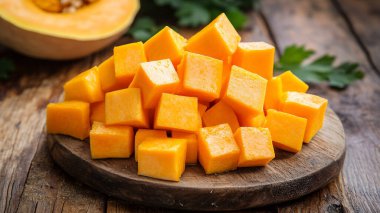 Tahta bir masada taze balkabağı parçaları. sağlıklı yiyecekler.