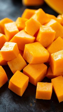 Kesme tahtasında siyah bir taşla balkabağı dilimleri