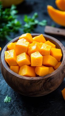 Kâsede taze balkabağı dilimleri. sağlıklı beslenme.