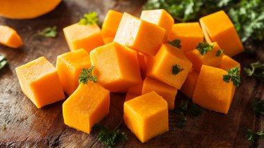 Çiğ sarı organik balkabağı parçaları