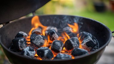 Izgarada yanan odunların yakın çekimi.