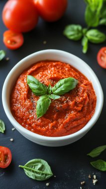 Bir kase lezzetli domates çorbası ve fesleğen.