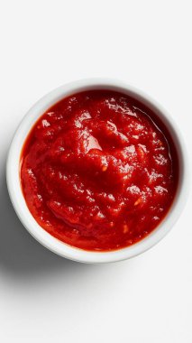 Beyaz izole arkaplanda cam bir kasede ketçap.