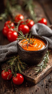 Taze bitki ve sarımsaklı ev yapımı domates sosu.