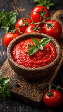 Köy arka planında fesleğenli domates sosu.