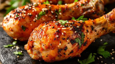 Siyah tabakta ızgara tavuk bacağı.