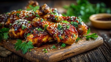 Tahtanın üzerinde baharatlı tavuk budu.