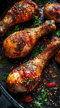 Baharatlı tavuk budu ve siyah arka planda otlar.