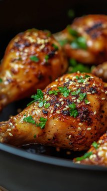 Tavada kızarmış tavuk budu, ahşap masada.