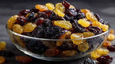 Kuru üzümler siyah masada.