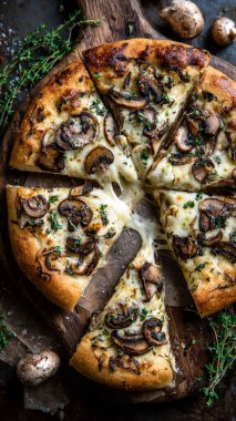 Siyah arka planda ev yapımı mantarlı pizza..