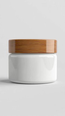 boş ambalaj ile yuvarlak ahşap kavanoz Gri arkaplan üzerinde damgalama için kopyalama alanı ile