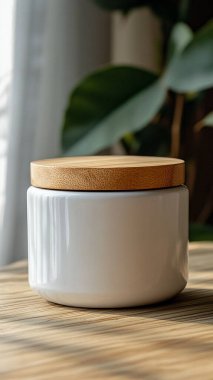 Tahta kapaklı beyaz seramik kâse ve ahşap masa üzerinde fotokopi alanı olan yuvarlak kapak.