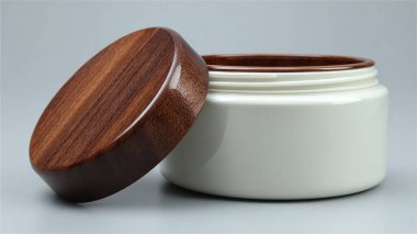 Ahşap yuvarlak kase ve kavanozun kapağı koyu renk.