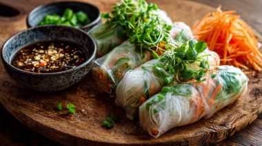 Tahta bir arka planda sebze ve sosla taze börekler. sağlıklı yiyecekler.