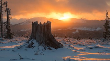 Güzel kış manzarası. Gün batımında ağaçlar.