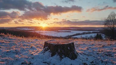 Kış manzarası. Ormanda gün batımı.