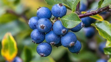 Bir dal üzerinde olgun yaban mersini sürüsüne yakın..