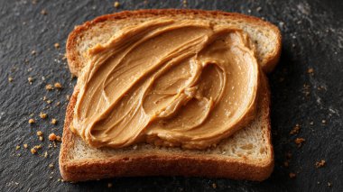 Fıstık ezmesi siyah tabakta koyu ahşap masaya yayılmış, üst manzara, yakın - yatay