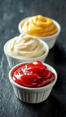 Siyah masada plastik kaplarda soslar..