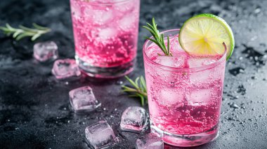 Soğuk ferahlatıcı yaz içeceği. Nane ve limonlu beton arka planda bardaklar.