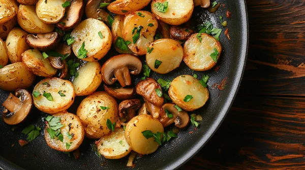 Kızarmış patates, kekik, sarımsak ve bir tavada otlar..