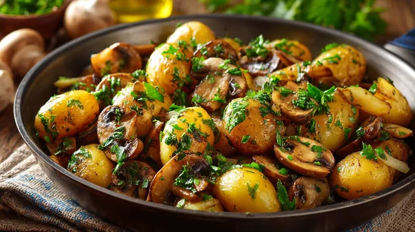 Tavada patates ve otlu kızarmış mantar..