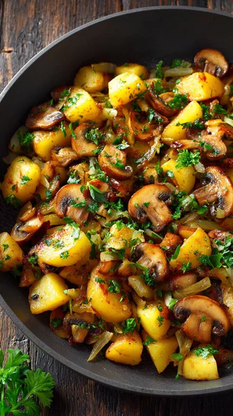 Tavada sarımsaklı fırında patates. Kapat.