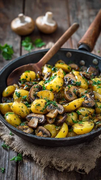 bir tavada mantar patates kızartması.