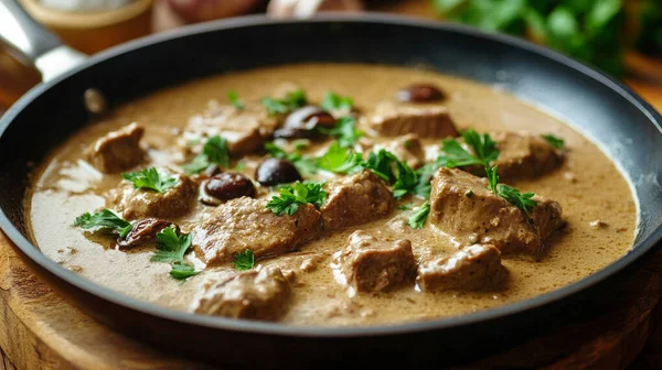 Geleneksel Brezilya et yahnisi kasede ahşap arka planda.