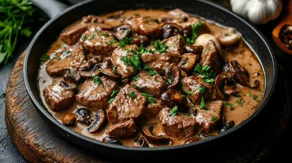 Siyah arka planda mantarlı sığır güveci ve soğan..