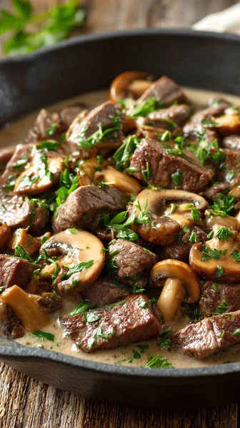 Mantarlı biftek ve tavada sos.