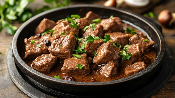 Baharatlı ve sebzeli biftek güveci.