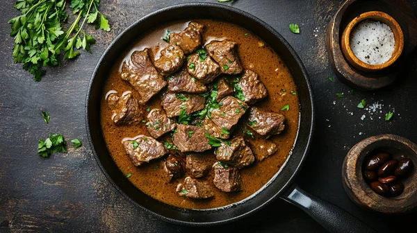 Patates ve otlu sığır güveci. Geleneksel Brezilya yemeği.