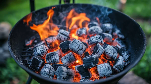Yemek ve yemek konsepti. Izgarada siyah bir barbekü..