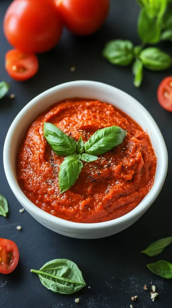 Bir kase lezzetli domates çorbası ve fesleğen.