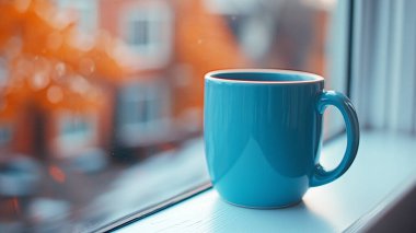 Mavi bir fincan sabah çayı pencerenin kenarında.