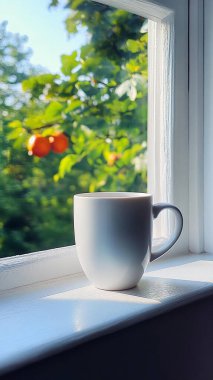 Kahve fincanı ve beyaz kahve fincanı pencere eşiğinde..